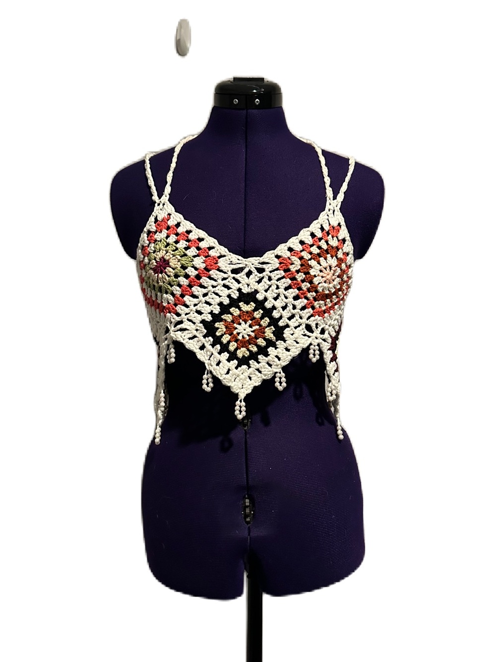 White Colorful Sheer Crochet Knit Pearl Beaded Crop Top